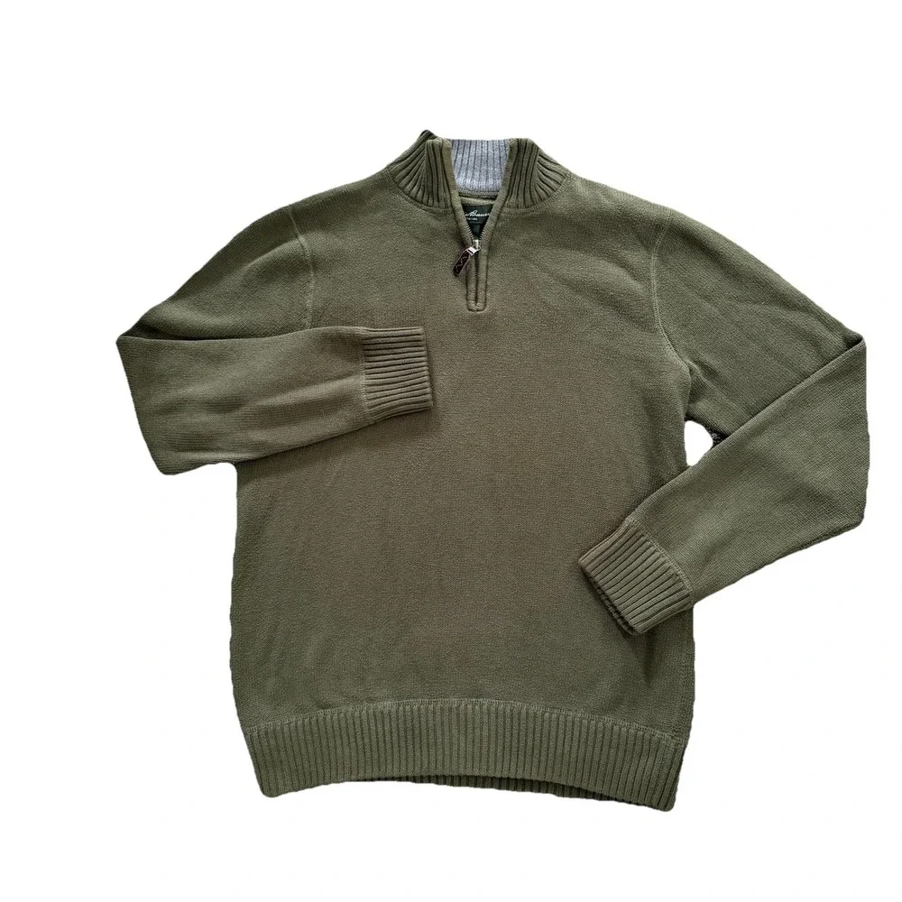 Eddie Bauer Mens M Green Quarter Zip Cotton Knit Sweater Pullover Preppy Outdoor